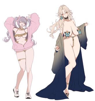 2girls alice_(nikke) alternate_costume alternate_hairstyle bare_shoulders bikini bikini_top_under_shirt bikini_under_clothes blonde_hair breasts bug butterfly choker frilled_choker frills g-string goddess_of_victory:_nikke groin headphones heart_pasties highleg highres hyotenka_ichido insect jacket large_breasts long_hair low_ponytail ludmilla_(nikke) multiple_girls o-ring open_clothes open_mouth open_robe panties pasties pink_jacket ponytail purple_hair robe shoes sidelocks skindentation string_panties swimsuit thigh_strap thighs thong twintails underwear unfinished