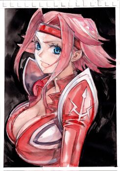 1girl blue_eyes bodysuit breasts cleavage code_geass headband highres kouzuki_kallen large_breasts looking_at_viewer medium_hair pilot_suit red_bodysuit red_hair rodrigo_yoshimiya skin_tight