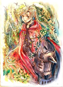 1boy alphonse_elric androgynous armor black_shirt blonde_hair cherry coat conqueror_of_shambala food fruit fullmetal_alchemist helmet kiwakiwa leaf long_hair looking_at_viewer male_focus nature pants ponytail red_coat shirt smile solo solo_focus tree yellow_eyes
