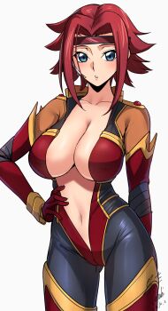 1girl absurdres arm_behind_back blue_eyes bodysuit breasts cleavage code_geass code_geass:_lost_stories commentary_request cowboy_shot dated gluteal_fold hair_intakes hand_on_own_hip headband highres kouzuki_kallen large_breasts looking_at_viewer mecha_pilot_suit multicolored_bodysuit navel open_bodysuit open_clothes parted_lips red_hair red_headband short_hair sidelocks signature simple_background skin_tight solo standing teeth white_background yoo_tenchi
