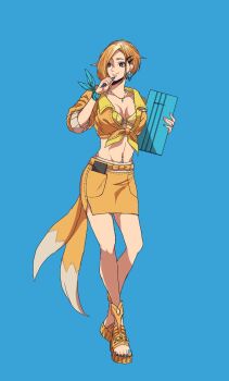 1girl bikini bikini_under_clothes black_eyes blonde_hair blue_background blue_nails breasts cleavage earrings female_focus floatzel fox_tail full_body gen_4_pokemon hair_ornament hairclip hand_up highres jewelry large_breasts multiple_tails nail_polish navel navel_piercing nintendo orange_skirt parted_bangs pen pencil_skirt personification piercing pink_nails pokemon ring sandals shirt short_hair simple_background skirt smile solo standing swimsuit tail tied_shirt triangle_earrings two_tails wbr910 wristband yellow_bikini