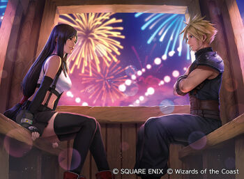 1boy 1girl aerial_fireworks armor bare_shoulders belt black_bra black_gloves black_hair black_skirt black_thighhighs blonde_hair blue_eyes blue_pants bra brown_belt cloud_strife commentary copyright_notice crop_top crossed_arms elbow_gloves ferris_wheel_interior final_fantasy final_fantasy_vii final_fantasy_vii_rebirth final_fantasy_vii_remake fingerless_gloves fireworks fuji_q gloves gold_saucer hair_tie long_hair looking_at_another low-tied_long_hair magic:_the_gathering midriff miniskirt multiple_belts navel official_art pants parted_lips pauldrons red_boo shoulder_armor single_pauldron sitting skirt sleeveless sleeveless_turtleneck smile spiked_hair sports_bra square_enix suspenders thighhighs tifa_lockhart turtleneck underwear variant_set