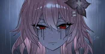 1girl absurdres black_flower commentary crying eidis_scarlet english_commentary evernight_(honkai:_star_rail) eye_twitch flower hair_between_eyes hair_flower hair_ornament hairclip highres honkai:_star_rail honkai_(series) march_7th_(honkai:_star_rail) parallel_hairclips pink_hair rain red_eyes reze's_eye_twitch_(chainsaw_man) simple_background streaming_tears tears water_drop