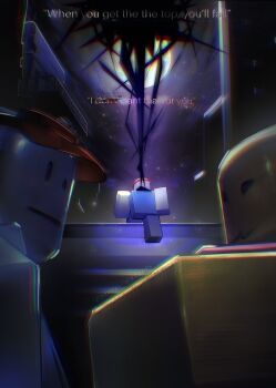 3others alley bad_things_(roblox) broken_glass catnip_cataria character_request chromatic_aberration corruption distortion english_text glass glitch hashtag-only_commentary highres looking_at_another multiple_others source_quote stairs visor_cap walking