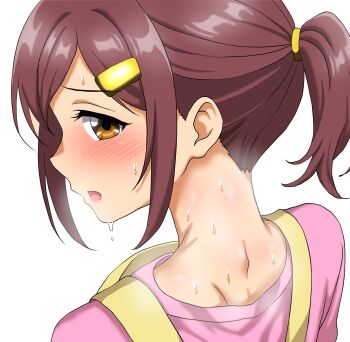 1boy apron blush brown_eyes brown_hair commentary_request eyelashes hair_ornament hairclip highres june_(pokemon) looking_back male_focus nape nintendo nursery_aide_(pokemon) open_mouth pink_shirt pokemon pokemon_bw2 ponytail portrait raised_inner_eyebrows shirt shoulder_blades sidelocks simple_background solo suretro sweat textless_version trap yellow_apron