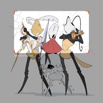 1other 3girls arthropod_girl bad_tag black_skin blank_eyes cloak colored_skin commentary dual_wielding english_commentary helmet highres holding holding_weapon hollow_knight hollow_knight:_silksong horned_mask hornet_(hollow_knight) jewelry katatsumuririri lace_(hollow_knight) mask multiple_girls multiple_rings needle_(hollow_knight) pin_(hollow_knight) red_cloak ring second_sentinel_(hollow_knight) shakra_(hollow_knight) simple_background sitting sitting_on_head sitting_on_person taking_picture trembling twitter_username weapon white_mask