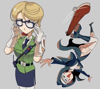 2girls ass belt boots breasts character_request cleavage_cutout clothing_cutout collared_shirt commentary english_commentary glasses gloves grey_background hairband looking_to_the_side military_uniform multiple_girls necktie nico_jiang one_eye_covered panties pantyshot radio red_eyes shirt skateboard skirt thighhighs underwear upper_body upside-down we_love_cold_war