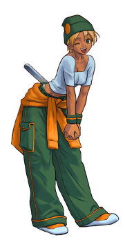 1girl ;d beanie blonde_hair blue_panties blue_shirt cargo_pants clothes_around_waist dark-skinned_female dark_skin full_body green_hat green_pants hat highres jacket jacket_around_waist leaning_forward midriff official_art one_eye_closed open_mouth orange_jacket panties pants panty_peek pupa_salgueiro rage_of_the_dragons shirt short_hair simple_background smile solo sweater sweater_around_waist t-shirt tachi-e teeth third-party_source underwear upper_teeth_only white_background wrench