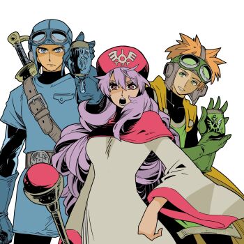 Rule 34 | 1girl, 2boys, belt, belt buckle, black bodysuit, blonde hair, blue eyes, blue gloves, blue hat, blue tunic, bodysuit, buckle, cape, closed mouth, commentary request, cousins, cowboy shot, d d work, dragon quest, dragon quest ii, gloves, goggles, goggles on headwear, green eyes, green gloves, green tabard, hat, highres, holding, holding staff, long hair, long sleeves, looking at viewer, multiple boys, open mouth, parted lips, pink hood, prince of lorasia, prince of samantoria, princess of moonbrook, purple hair, robe, short hair, staff, sword, sword on back, tabard, tunic, turtleneck, turtleneck bodysuit, weapon, weapon on back, white background, white robe, wide sleeves, yellow cape