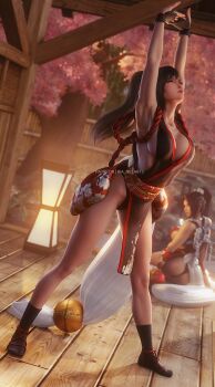 2girls 3d absurdres armpits arms_up ass bare_shoulders black_hair blurry blurry_background breasts brown_hair cherry_blossoms cleavage closed_eyes closed_mouth cosplay crossover fatal_fury final_fantasy final_fantasy_vii final_fantasy_vii_remake fingerless_gloves fire full_body gloves high_ponytail highres japanese_clothes large_breasts lips long_hair multiple_girls ninja obi outstretched_arms parted_bangs pelvic_curtain ponytail revealing_clothes ria-neearts sash shiranui_mai shiranui_mai_(cosplay) sideboob sitting snk square_enix standing stretching swept_bangs the_king_of_fighters the_king_of_fighters_xv thighs tifa_lockhart yokozuwari