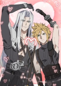 2boys arm_up blonde_hair blue_eyes chest_strap cloud_strife commentary final_fantasy final_fantasy_vii food gloves green_eyes grey_hair heart highres holding holding_food holding_pocky keiseki1 long_hair looking_at_another male_focus multiple_boys pocky pocky_day sephiroth spiked_hair symbol-only_commentary yaoi