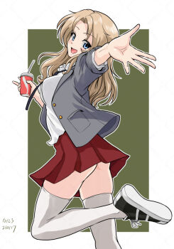 1girl ass black_necktie blonde_hair blue_eyes commentary_request drinking_straw girls_und_panzer grey_jacket happy holding jacket kay_(girls_und_panzer) long_hair looking_at_viewer matsui_yasutsugu necktie no_panties open_mouth profile red_skirt saunders_school_uniform school_uniform shirt shoes skirt sneakers solo standing standing_on_one_leg thighhighs white_shirt white_thighhighs