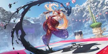 1girl alternate_costume alternate_hairstyle blue_sky body_writing breasts building calligraphy calligraphy_brush chest_sarashi cleavage commentary day english_commentary flower game_cg hair_flower hair_ornament highres holding holding_calligraphy_brush holding_paintbrush ink japanese_clothes kadomatsu kanzashi kimono kirisame_marisa kirisame_marisa_(witch_of_scarlet_dreams) lantern long_hair long_sleeves nababa off_shoulder official_art outdoors oversized_object paintbrush paper_lantern print_kimono red_kimono sarashi sky socks solo star_(symbol) star_print stone_lantern tabi third-party_source touhou touhou_lostword twintails very_long_hair white_socks wide_sleeves