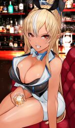Rule 34 | 1girl, absurdres, blonde hair, blush, bow, bra, breasts, cleavage, dark-skinned female, dark elf, dark skin, elf, hair bow, high ponytail, highres, hololive, large breasts, leotard, long hair, looking at viewer, multicolored hair, open mouth, playboy bunny, pointy ears, ponytail, red eyes, shiranui flare, sidelocks, smile, solo, streaked hair, tomo0843, underwear, virtual youtuber