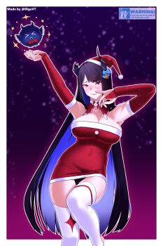 Rule 34 | 1girl, absurdres, black hair, blush, breasts, christmas, christmas stocking, closed mouth, commentary, digaarts, dress, english commentary, hat, highres, hololive, hololive english, large breasts, long hair, looking at viewer, multicolored hair, nerissa ravencroft, red eyes, santa costume, santa dress, santa hat, simple background, smile, virtual youtuber