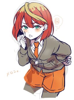 Rule 34 | 1girl, blonde hair, blue eyes, collared shirt, freckles, hand on own hip, highres, jacket, long sleeves, looking at viewer, mela (pokemon), mipokec, multicolored hair, naranja academy school uniform, necktie, nintendo, orange necktie, orange shorts, pokemon, pokemon sv, red hair, school uniform, shirt, short hair, shorts, solo, squiggle, tongue, tongue out, twitter username, two-tone hair, white shirt, zipper pull tab