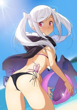 1girl alternate_costume ass ball beach beachball bikini black_bikini black_swimsuit breasts butt_crack coat female_focus female_robin_(fire_emblem) fire_emblem fire_emblem_awakening looking_back nintendo robin_(fire_emblem) solo swimsuit tagme tshangen131 twintails