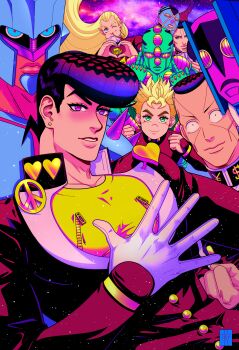 absurdres aqua_eyes blonde_hair blue_hair clenched_hand clenched_hands crazy_diamond dollar_sign ear_piercing earrings eating echoes_(stand) echoes_act3 face_piercing facial_hair facial_mark fungami_yuya gakuran gloves green_eyes hazekura_mikitaka heart higashikata_josuke highres highway_star_(stand) hirose_koichi jewelry jojo_no_kimyou_na_bouken long_hair middle_finger nijimura_okuyasu nose_piercing peace_symbol piercing pointy_ears pompadour purple_eyes purple_hair school_uniform single_glove sky smile stand_(jojo) star_(sky) starry_sky stud_earrings tariah_furlow the_hand_(stand) white_gloves yen_sign zipper