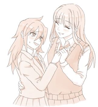 2girls bags_under_eyes black_hair blonde_hair blunt_bangs blush breasts cardigan_vest collared_shirt couple hair_between_eyes hashtag-only_commentary highres holding_hands katou_asuka kuroki_tomoko long_hair looking_at_another mojyo monochrome multiple_girls necktie open_mouth pleated_skirt purple_necktie school_uniform shirt skirt smile sweater_vest watashi_ga_motenai_no_wa_dou_kangaetemo_omaera_ga_warui! yellow_skirt yuri yuyupon66