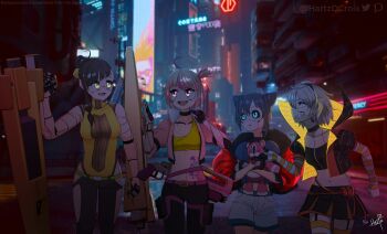 4girls :d :o absurdres ahoge android ashley_taylor awane_kokoro belt black_hair bra brown_hair chiaki_riko city cone_hair_bun cowboy_shot cutout cyberpunk_(series) cyberpunk_2077 diagonal_bangs double_bun green_eyes grin hair_bun highres looking_at_another magia_record:_mahou_shoujo_madoka_magica_gaiden mahou_shoujo_madoka_magica miwa_mitsune multiple_girls open_mouth orange_eyes outdoors pants pink_belt pink_eyes pink_hair screenshot_inset shirt shorts sidelocks single_sidelock skirt sleeveless smile tattoo underwear weapon