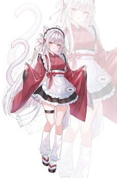 Rule 34 | 1girl, absurdres, animal ears, apron, black dress, black survival, black trim, blunt bangs, cat ears, cat girl, cat tail, character name, commentary request, dress, eternal return: black survival, full body, highres, japanese clothes, kimono, korean commentary, light blush, long hair, loose socks, maid, maid apron, maid headdress, minami rio, okobo, open mouth, platform sandals, red kimono, red rope, rope, sandals, seiza, sidelocks, sitting, socks, standing, syul (se 1s3v), tail, thigh strap, thighs, tsurime, unconventional maid, white apron, white hair, white socks, white tail, yellow eyes, zoom layer