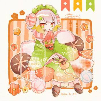 Rule 34 | 1girl, bag, black sandals, blonde hair, blunt bangs, blush stickers, bright pupils, brown socks, commentary request, commission, dated, dot nose, double-parted bangs, friled kimono, frilled sleeves, frills, full body, green eyes, green kimono, holding, holding bag, japanese clothes, kimono, long sleeves, looking at viewer, maid headdress, mochimura sorata, multicolored hair, okobo, open mouth, orange background, original, outline, platform sandals, sandals, short hair, signature, skeb commission, socks, solo, striped background, tabi, two-tone hair, vertical-striped background, watermark, white hair, white outline, white pupils, wide sleeves