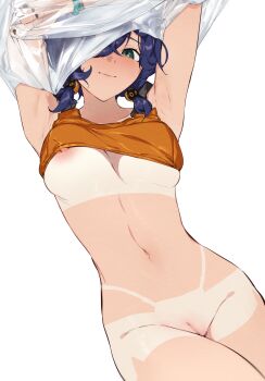 1girl armpits arms_up belle_(summer_skies)_(zenless_zone_zero) belle_(zenless_zone_zero) blue_hair bottomless breasts censored clothes_lift green_eyes highres lifting_own_clothes low_twintails medium_breasts mosaic_censoring nashidrop navel nipple_slip nipples pussy shirt_lift short_hair short_twintails simple_background solo stomach tan tanline twintails undressing white_background zenless_zone_zero