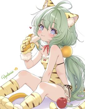1girl :t absurdres ahoge animal_ears animal_hands apple arm_between_legs artist_name banana blue_eyes blush breasts closed_mouth eating feet_out_of_frame food fruit gloves green_hair heart highres holding holding_food holding_fruit loli long_hair looking_at_viewer neck_ribbon one-piece_swimsuit original paw_gloves po_yo_ta_ma ponytail red_ribbon ribbon simple_background sitting small_breasts smile solo swimsuit tail tiger_ears tiger_girl tiger_paws tiger_tail very_long_hair white_background yellow_one-piece_swimsuit
