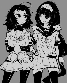 Rule 34 | 2girls, ajimu najimi, bandaid, bandaid on face, crossed arms, dowman sayman, long hair, medaka box, monochrome, multiple girls, naze youka, school uniform, thighhighs