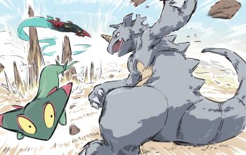 battle blue_sky commentary dragapult dreepy fang flying gen_1_pokemon gen_8_pokemon highres nintendo no_humans open_mouth outdoors pokemon pokemon_(creature) pokemon_focus rhydon sky standing stone_edge_(pokemon) yukitake_(bullfalk)