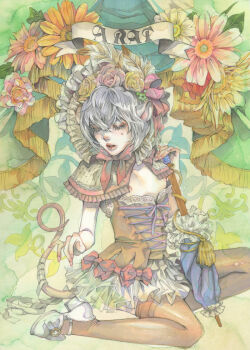 1boy areola_slip bandaged_tail bandages bishounen blue_umbrella bow bow_skirt bowtie brown_capelet brown_corset brown_feathers brown_thighhighs capelet closed_eyes commentary_request corset cross-laced_clothes cross-laced_corset crossdressing crossdressing_(mtf) curtains english_text feathers flower food food-themed_hair_ornament footwear_bow frilled_capelet frilled_skirt frills fruit full_body grapes green_background grey_hair hair_between_eyes hair_flower hair_ornament hair_ribbon hand_up headwear_request holding holding_umbrella invisible_floor lace-trimmed_corset light_blush lips male_focus mary_janes medium_hair miniskirt mouse_boy mouse_tail nipples nose on_floor on_one_knee original pale_skin parted_lips personification pink_flower pink_ribbon red_bow red_bowtie ribbon shoes sidelocks skirt small_sweatdrop solo tail thighhighs torn_clothes torn_thighhighs traditional_media trap turning_head umbrella white_bow white_shoes white_skirt yellow_flower yue_(memento1113)
