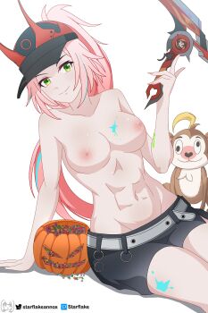 1girl absurdres baseball_cap black_shorts breasts candy commentary english_commentary food green_eyes halloween halloween_bucket hat highres holding holding_weapon honkai:_star_rail honkai_(series) horned_hat large_breasts long_hair looking_at_viewer monkey navel nipples paint_on_body pink_hair ponytail rappa_(honkai:_star_rail) short_shorts shorts simple_background solo starflake_(starclusteriu) stomach toned toned_female topless_female weapon white_background