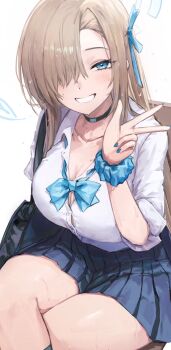 1girl asuna_(blue_archive) asuna_(school_uniform)_(blue_archive) bag blonde_hair blue_archive blue_bow blue_bowtie blue_eyes blue_halo blue_ribbon blue_skirt bow bowtie breasts choker cleavage collarbone crossed_legs gabang grin hair_over_one_eye hair_ribbon halo highres large_breasts long_hair looking_at_viewer pleated_skirt ribbon school_bag scrunchie shirt sitting skirt sleeves_rolled_up smile solo thighs v very_long_hair white_shirt wrist_scrunchie