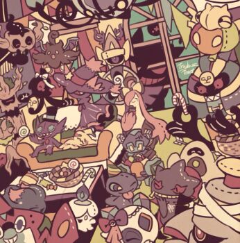 aegislash bad_id bad_pixiv_id banette basket candy candy_cane chandelure chocolate cofagrigus couch creature drifloon dusknoir english_text fire floating food froslass gen_1_pokemon gen_2_pokemon gen_3_pokemon gen_4_pokemon gen_5_pokemon gen_6_pokemon gen_7_pokemon gengar ghost golett gourgeist halloween hat holding holding_basket holding_food litwick lollipop maru_(umc_a) mega_evolution mega_gengar mega_pokemon mimikyu misdreavus mismagius nintendo no_humans phantump pokedex pokemon pokemon_(creature) pumpkaboo rotom rotom_dex sableye sandygast shedinja shuppet sitting table top_hat trevenant yamask