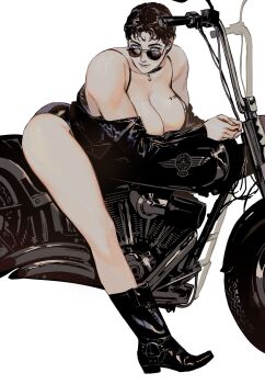 1girl absurdres bare_shoulders black_boots black_hair black_jacket blue_eyes boots breasts cleavage commentary elbow_rest english_commentary highres huge_breasts invisible_floor jacket leaning_forward leather leather_jacket looking_at_viewer looking_over_eyewear motor_vehicle motorcycle no_pants on_motorcycle original rora_(auroradiation) short_hair simple_background solo sunglasses white_background