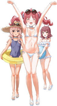 3girls :d \o/ ^_^ ahoge armpits arms_up ata_(tsumari) ball beachball bikini blue_one-piece_swimsuit blush bracelet breasts choker closed_eyes collarbone commentary_request covered_navel earrings eyewear_on_headwear fang frilled_bikini frills groin hair_ornament hair_scrunchie happy hat highres holding holding_ball holding_beachball holding_swim_ring innertube jewelry medium_hair multiple_girls navel necklace one-piece_swimsuit open_mouth original outstretched_arms pink_hair red_hair sandals scrunchie side-tie_bikini_bottom simple_background small_breasts smile straw_hat string_bikini stud_earrings sunglasses swim_ring swimsuit teeth twintails upper_teeth_only white_background white_bikini white_choker