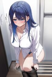 Rule 34 | 1girl, black pantyhose, blue eyes, blue hair, blue panties, blurry, blurry background, blush, breasts, cleavage, clothes pull, hair ornament, hairclip, highres, indoors, large breasts, long hair, long sleeves, original, panties, pantyhose, pantyhose pull, shirt, udon (udonalium), underwear, undressing, white shirt