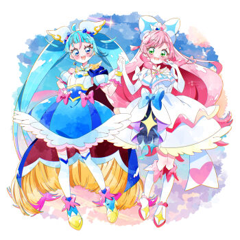 Rule 34 | 2girls, absurdres, ankle boots, ascot, blue boots, blue bow, blue cape, blue dress, blue eyes, blue hair, blue sky, boots, bow, braid, brooch, cape, center frills, cloud, cloudy sky, commentary, crown braid, cure prism, cure sky, cut bangs, detached sleeves, dress, dress bow, earclip, earrings, elbow gloves, fingerless gloves, frilled dress, frills, fringe trim, glove bow, gloves, gradient hair, green eyes, hair bow, hair ornament, highres, hirogaru sky! precure, holding hands, jewelry, knee boots, layered dress, long hair, looking at viewer, magical girl, medium dress, mismatched earrings, multicolored hair, multiple girls, nijigaoka mashiro, open mouth, pink bow, pink hair, potacure, precure, puffy detached sleeves, puffy sleeves, red cape, side-by-side, side braids, single earring, single sidelock, sky, sleeveless, sleeveless dress, smile, sora harewataru, standing, streaked hair, thighhighs, twintails, two-sided cape, two-sided fabric, two-tone dress, two-tone hair, very long hair, white ascot, white boots, white bow, white dress, white gloves, white thighhighs, wing brooch, wing hair ornament