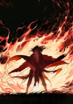1boy absurdres bandaged_leg bandages black_hair black_hanfu blood burning chinese_clothes chinese_commentary dao_gui_yi_xian fire floating_clothes floating_hair full_body grass hand_on_own_face hand_up hanfu highres li_huowang long_hair looking_at_viewer male_focus messy_hair red_eyes red_ribbon red_theme ribbon scar scar_on_arm scar_on_hand shiqi274 solo standing torn_clothes wide_sleeves wind
