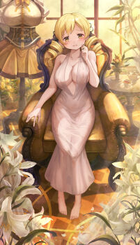 1girl absurdres alternate_costume barefoot blonde_hair breasts commentary_request couch cup dai_toro dress drill_hair flower highres jewelry large_breasts long_hair looking_at_viewer mahou_shoujo_madoka_magica mahou_shoujo_madoka_magica_(anime) on_couch ring sitting solo teacup teapot tomoe_mami twin_drills white_dress yellow_eyes