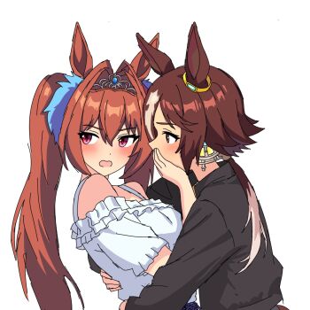 2girls animal_ears black_jacket blush brown_eyes brown_hair commentary_request daiwa_scarlet_(umamusume) hair_intakes highres horse_ears horse_girl jacket looking_at_another multiple_girls off-shoulder_shirt off_shoulder pink_eyes ponytail rejected_kiss sakuraji_rai shirt simple_background tiara twintails umamusume vodka_(umamusume) white_background white_shirt yuri