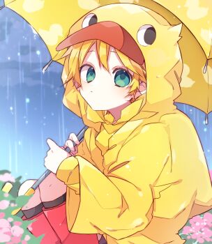 1boy black_socks blonde_hair boots closed_mouth commentary_request duck_hood duck_print feet_out_of_frame flower green_eyes highres holding holding_umbrella hood hood_up hydrangea kagamine_len kaho_0102 knee_boots kneehighs long_sleeves looking_at_viewer male_focus outdoors print_umbrella rain raincoat rubber_boots short_hair socks solo squatting umbrella vocaloid yellow_raincoat yellow_umbrella