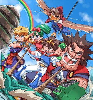 Rule 34 | 1girl, 4boys, absurdres, arm up, armor, artist name, aviator cap, beak, belt, belt buckle, big head, bird boy, black hair, blonde hair, blue jumpsuit, blue shirt, blue sky, blue tunic, blue vest, blush stickers, bow, brown belt, brown eyes, brown hair, buckle, closed mouth, cloud, collared jacket, colored sclera, commentary, corded phone, crossed arms, dated, dragon, eastern dragon, eyepatch, facial hair, fantasy, flying, glint, green eyes, green hair, grin, hair bow, hand on another&#039;s shoulder, hat, highres, holding, holding phone, horns, ikusabe wataru, isedaichi ken, jacket, japanese clothes, jumpsuit, kataginu, long mustache, looking ahead, low ponytail, magatama, mashin eiyuuden wataru, medium hair, multiple boys, mustache, nose, one eye closed, one eye covered, open mouth, outdoors, pants, pauldrons, payphone, phone, pink bow, pink shirt, ponytail, rainbow, red eyes, red hat, red jacket, riding dragon, scabbard, sheath, sheathed, shinobibe himiko, shirt, short hair, shoulder armor, single horn, sky, sleeveless, sleeveless jacket, sleeveless jumpsuit, sleeves rolled up, smile, spiked hair, standing, sun, sword, teeth, thick eyebrows, tiara, toraou, tsurugibe shibaraku, tunic, twitter username, vest, wataribe kurama, weapon, white belt, white pants, white shirt, winged arms, wings, wristband, yellow sclera