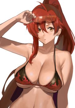 1girl bare_shoulders bikini bikini_top_only breasts cleavage collarbone eyewear_on_head flame_print hair_between_eyes hair_ornament high_ponytail highres j@ck large_breasts navel ponytail sidelocks skull_hair_ornament swimsuit tengen_toppa_gurren_lagann underboob upper_body white_background yellow_eyes yoko_littner