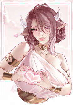Rule 34 | 1girl, animal ears, armlet, artist name, bracelet, breasts, brown hair, cow ears, cow girl, cow horns, cropped torso, gold armlet, gold bracelet, gold choker, hair over one eye, heart, heart-shaped pupils, heart hands, highres, horns, jewelry, large breasts, lips, long hair, looking at viewer, mui (olchas), olchas, original, red eyes, see-through clothes, see-through shirt, shirt, smile, solo, symbol-shaped pupils