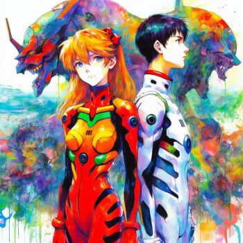 Rule 34 | 1boy, 1girl, artist request, blue eyes, bodysuit, breasts, brown hair, eva 01, eva 02, ikari shinji, interface headset (evangelion), long hair, looking at viewer, mecha pilot suit, medium breasts, multiple boys, neon genesis evangelion, orange hair, plugsuit (evangelion), red bodysuit, souryuu asuka langley, two side up