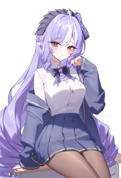 1girl absurdres ahoge alternate_costume arm_support ascot black_nails blue_jacket blue_skirt bow bowtie breasts brown_pantyhose closed_mouth commentary_request cowboy_shot desk drill_hair drill_sidelocks gem hairband hand_up highres jacket jacket_partially_removed large_breasts long_hair looking_at_viewer off_shoulder on_desk pantyhose pointy_ears purple_ascot purple_bow purple_bowtie purple_gemstone purple_hair purple_hairband red_eyes shirt shirt_tucked_in sidelocks simple_background sitting skirt solo taiyaki12 twitter_username vivian_banshee white_background white_shirt zenless_zone_zero