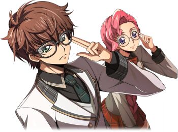 1boy 1girl adjusting_eyewear artist_request black-framed_eyewear black_shirt black_thighhighs blue_eyes bow bowtie braid brown_hair buttons closed_mouth code_geass code_geass:_lost_stories collared_shirt cowboy_shot cropped_legs cropped_torso dutch_angle euphemia_li_britannia game_cg glasses green_eyes green_necktie hair_over_shoulder hand_up happy jacket kururugi_suzaku layered_sleeves leaning_forward long_hair long_sleeves looking_at_viewer miniskirt necktie non-web_source official_art pink_hair plaid_bow plaid_bowtie plaid_clothes plaid_necktie pleated_skirt pose_imitation red_bow red_bowtie red_skirt round_eyewear school_uniform serious shirt short_hair sidelocks simple_background single_braid skirt smile standing thighhighs transparent_background upper_body white-framed_eyewear white_jacket zettai_ryouiki