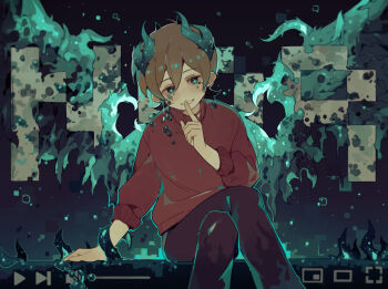 1boy black_pants block_(minecraft) brown_hair bubble commentary corruption crossed_legs english_commentary finger_to_mouth grian_(youtuber) hermitcraft horns looking_at_viewer luminous_slime male_focus minecraft minecraft_youtube pants red_sweater sculk_(minecraft) short_hair shushing sitting smile solo sweater tentacles turtleneck turtleneck_sweater user_interface youtube