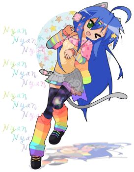 &gt;_&lt; 1girl :3 :d ahoge animal_ears back_bow blue_hair bow cat_ears cat_tail character_charm charm_(object) fang food-themed_hair_ornament green_eyes hair_ornament hairclip highres izumi_konata long_hair loose_socks lucky_star nyan_cat one_eye_closed open_mouth paw_pose pleated_skirt pop_tart rainbow_bow rainbow_socks skirt smile socks star_(symbol) star_hair_ornament striped_sleeves tail thea_(w_alladoo) thighhighs white_background